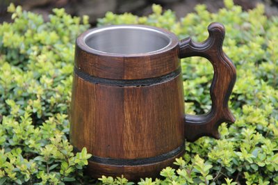 Темний дерев'яний бокал пивний з металом, дубовий кухоль для пива, пивна кружка з натурального дерева 2038703361 фото