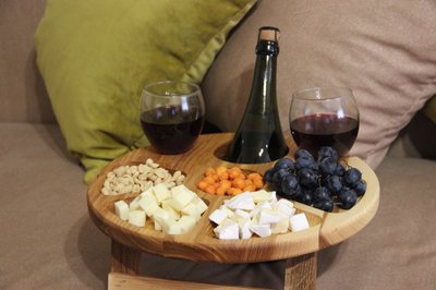 Столик для вина та закусок, круглий винний столик, дубовий столик з розкладними ніжками 2056506179 фото