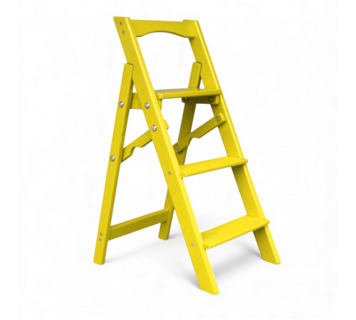 Dreistufige Holzleiter für Zuhause und Fotostudio. Leicht, faltbar, gelb.