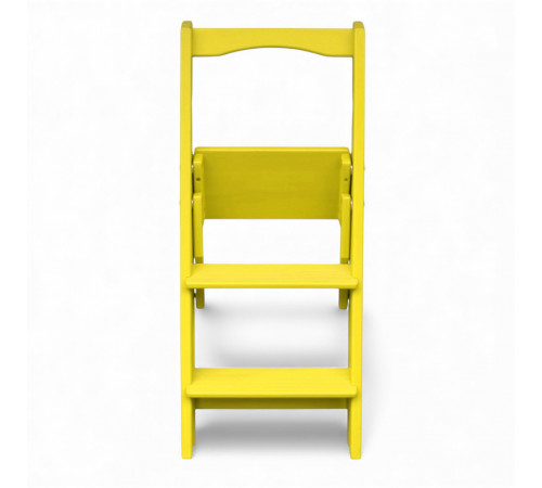 Dreistufige Holzleiter für Zuhause und Fotostudio. Leicht, faltbar, gelb.