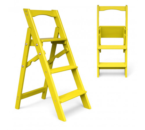 Dreistufige Holzleiter für Zuhause und Fotostudio. Leicht, faltbar, gelb.
