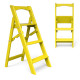 Dreistufige Holzleiter für Zuhause und Fotostudio. Leicht, faltbar, gelb.