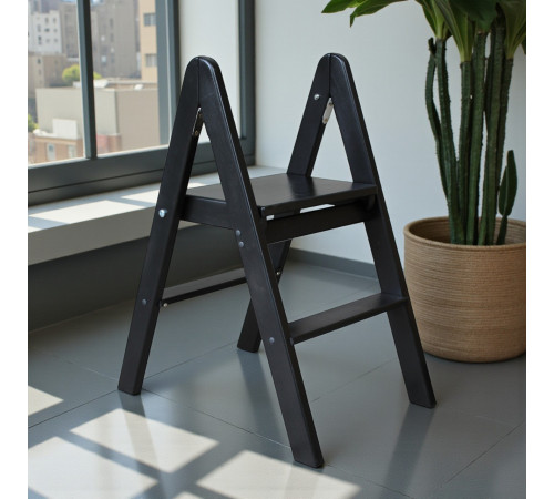 Zweistufige Holzleiter, klappbar, für Haushalt, Küche, Fotostudio, Faltbare Leiter, Schwarz