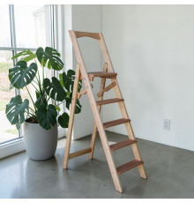 Folding wooden ladder with 5 steps for home, photo studio. Folding household stepladder
