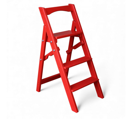 Dreistufige Holzleiter für Zuhause und Fotostudio. Leicht, faltbar, rot.