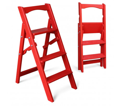 Dreistufige Holzleiter für Zuhause und Fotostudio. Leicht, faltbar, rot.