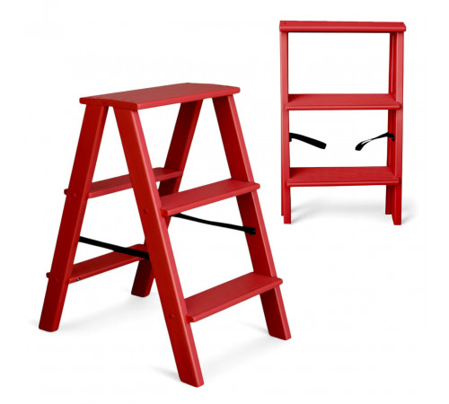 Дерев’яна драбина на 3 сходинки Побутова складана стрем'янка для дому, кухні, фотостудії побутові розкладні Вестерн Червоний