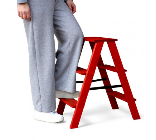 Дерев’яна драбина на 3 сходинки Побутова складана стрем'янка для дому, кухні, фотостудії побутові розкладні Вестерн Червоний
