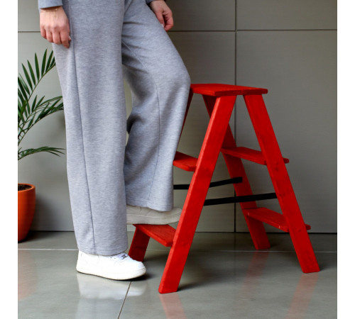 Дерев’яна драбина на 3 сходинки Побутова складана стрем'янка для дому, кухні, фотостудії побутові розкладні Вестерн Червоний