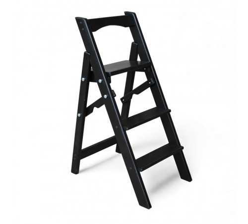 Dreistufige Holzleiter für Zuhause und Fotostudio. Leicht, faltbar, schwarz.