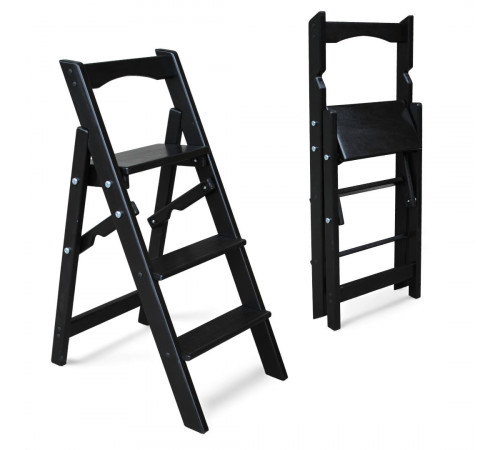 Dreistufige Holzleiter für Zuhause und Fotostudio. Leicht, faltbar, schwarz.