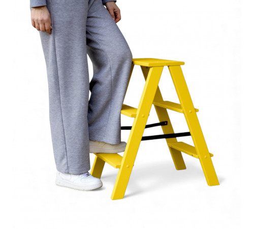 Дерев’яна драбина на 3 сходинки Побутова складана стрем'янка для дому, кухні, фотостудії побутові розкладні Вестерн Жовтий