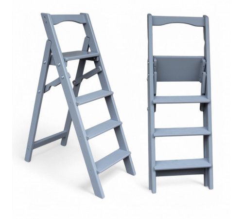 Wooden folding ladder with 5 steps for home, photo studio. Household folding transformer ladder, Light gray