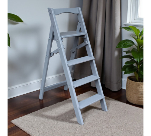 Wooden folding ladder with 5 steps for home, photo studio. Household folding transformer ladder, Light gray