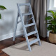Wooden folding ladder with 5 steps for home, photo studio. Household folding transformer ladder, Light gray
