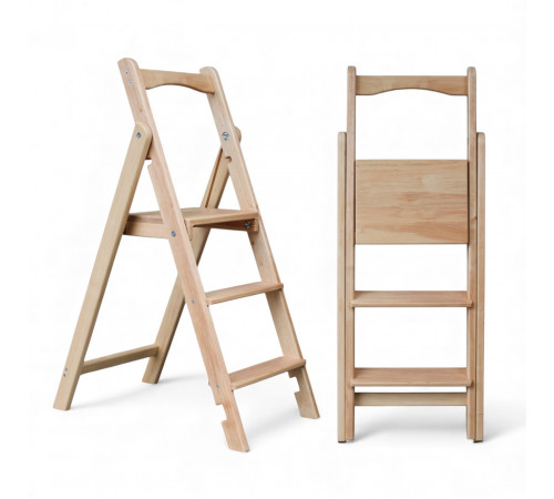 Drewniana składana drabina z 3 stopniami do domu i studia fotograficznego. Składana drabina domowa Transformer Beige