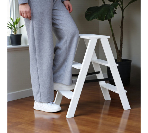 Dreistufige Holzklappleiter für den Haushalt, Küche und Fotostudio, Western White