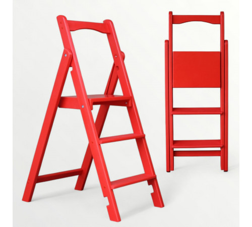Drewniana składana drabina z 3 stopniami do domu, studia fotograficznego. Składana drabina domowa – Transformer w kolorze czerwonym.