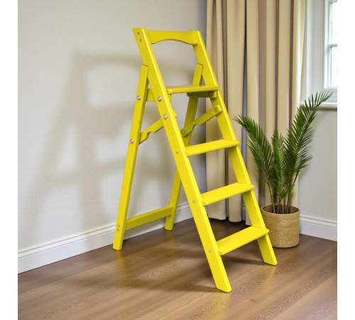 Drewniana składana drabina z 5 stopniami do domu, studia fotograficznego. Składana drabina transformatorowa do użytku domowego, żółta.