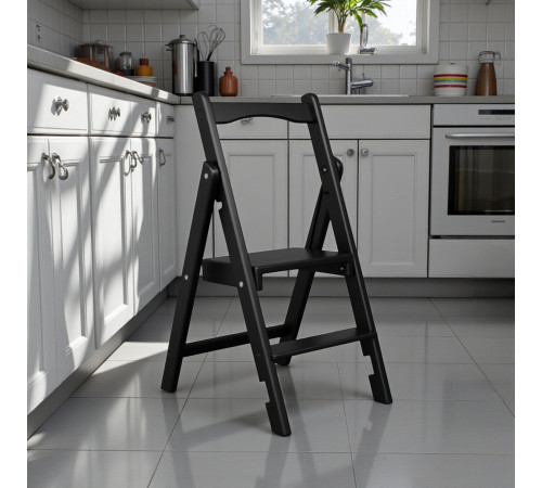 Drewniana drabina składana z 2 stopniami do użytku domowego, kuchni, studia fotograficznego. Składana drabina transformatorowa w kolorze czarnym.