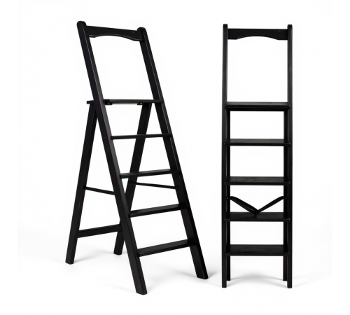 Drewniana składana drabina z poręczą, wysoka, domowa, czarna