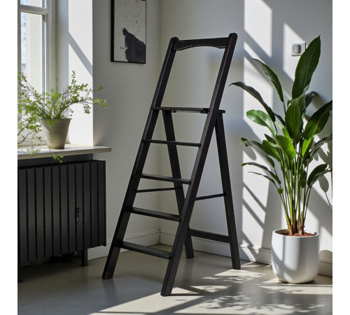 Drewniana składana drabina z poręczą, wysoka, domowa, czarna