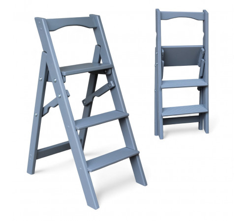 Drewniana drabina domowa z 3 stopniami do domu lub studia fotograficznego. Drabina Transformer, lekka, składana, jasnoszara.