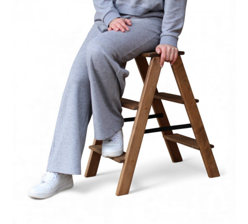 Дерев’яна драбина на 3 сходинки Побутова складана стрем'янка для дому, кухні, фотостудії побутові розкладні Вестерн Полісандр