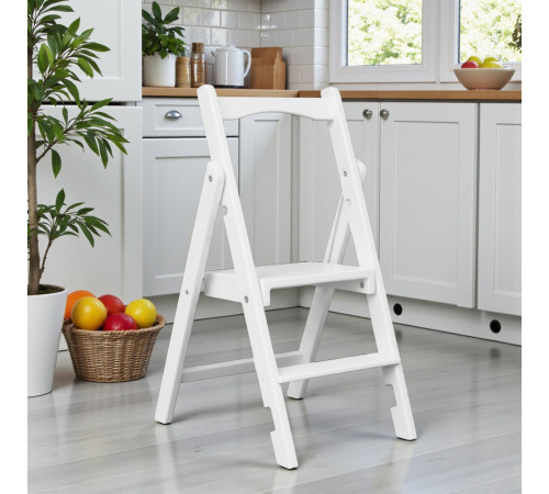 Drewniana drabina składana z 2 stopniami, domowa, do kuchni, studia fotograficznego. Składana drabina transformatorowa, biała.
