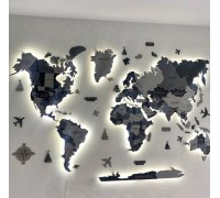3D Wooden World Map, Three Shades of Gray, XS-100*65cm (No Backlight), English, Mordor