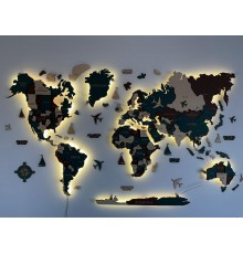 Деревянная карта мира 3D цвет Тундра S-160*100 см (С подсветкой), Английский, Orkostan