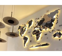 Drewniana mapa świata 3D, naturalny szary, 160*100 cm (z podświetleniem), angielska, Mordor