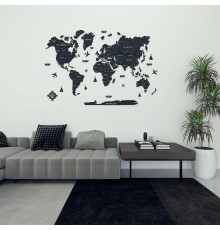 Дерев'яна карта світу 3D колір Чорний S-160*110 см (Без підсвітки), Російська, Boloto