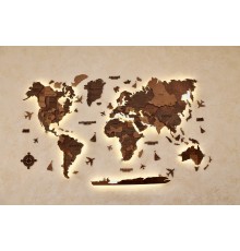 Деревянная карта мира 3D цвет Тибет S-160*100 см (С подсветкой), Английский, Boloto