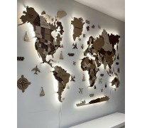 Деревянная карта мира 3D цвет Кемел L-300*160см (С подсветкой), Украинский, Russia