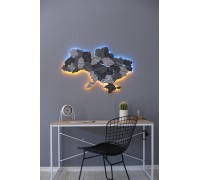 Wooden map of Ukraine with illuminated rivers in three shades of gray