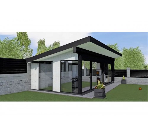 Беседка деревянная Modern Gazebo 012 с раздвижными панорамными окнами 10,3х4,2м.