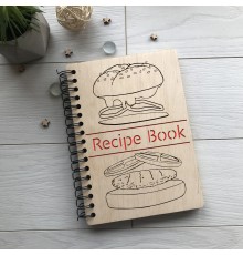 Деревянная записная книга на пружине для кулинарных рецептов.