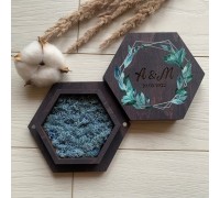 Wooden wedding ceremony box with blue preserved moss.