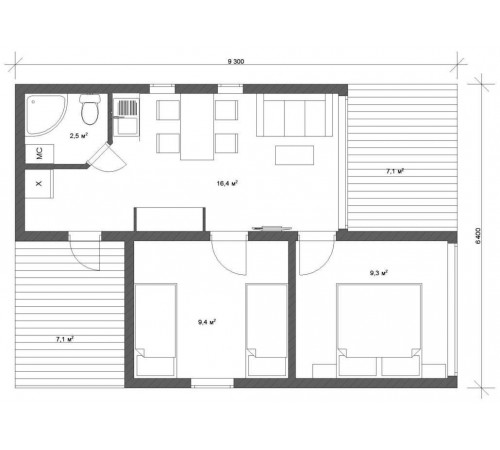 Каркасно-щитовой модульный дом 9.3х6.4м.