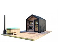 Modulare Sauna 2,3x4,0m im Scheunenhausstil aus thermisch modifiziertem Holz vom Hersteller.