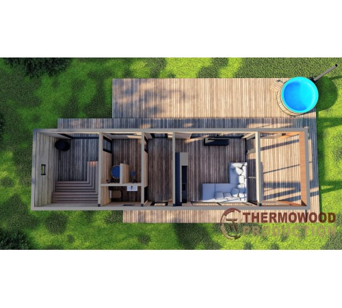 Дом-баня 12,0х3,5м отделка терморейка Gartensauna-12 под ключ от производителя.