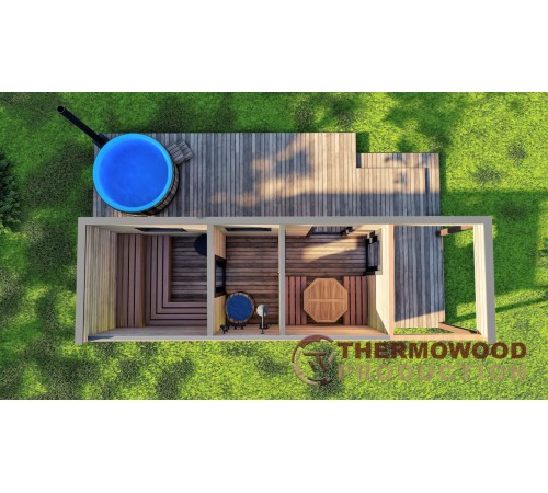 Сауна с передней и террасой 7,6 x 2,6 м Gartensauna-15 под ключ от производителя.