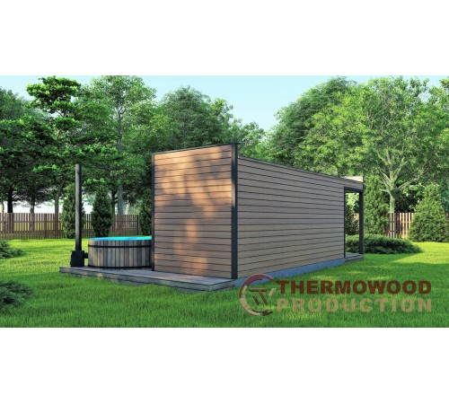 Сауна с передней и террасой 7,6 x 2,6 м Gartensauna-15 под ключ от производителя.