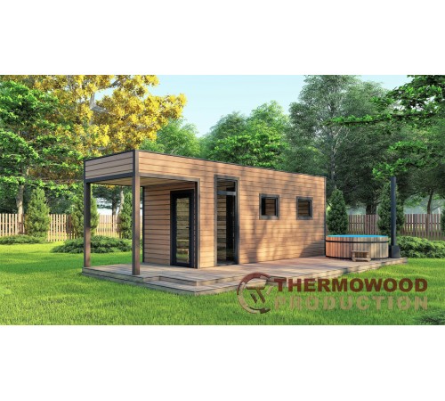 Сауна с передней и террасой 7,6 x 2,6 м Gartensauna-15 под ключ от производителя.