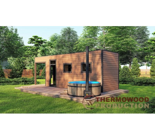 Сауна с передней и террасой 7,6 x 2,6 м Gartensauna-15 под ключ от производителя.