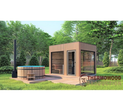 Модульная баня 3,5х2,3м с панорамным окном Gartensauna-19 от Thermowood под ключ.