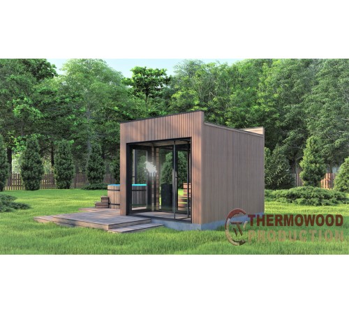 Модульная баня 3,5х2,3м с панорамным окном Gartensauna-19 от Thermowood под ключ.