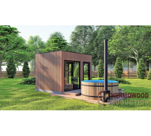 Модульная баня 3,5х2,3м с панорамным окном Gartensauna-19 от Thermowood под ключ.