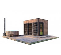 Gartensauna-21 Modulsauna, 3,3 x 2,3 m, mit Lamellenabschluss und Panoramafenster, schlüsselfertig